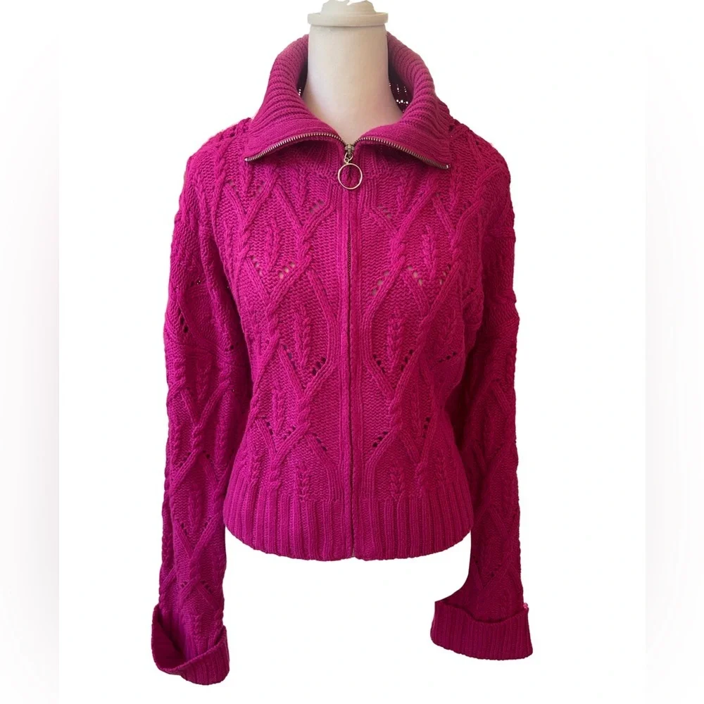 Pink Rose soft cozy fuchsia Barbiecore oversized cable knit zip sweater NWT XL - Picture 3 of 8